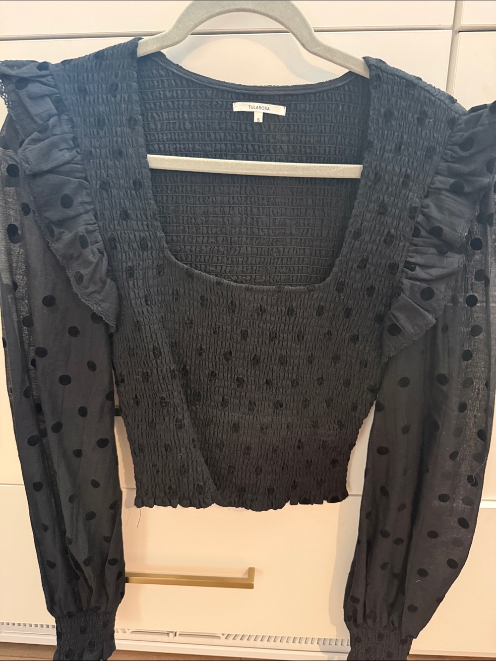 Tularosa Black Smocked Polka Dot Long Sleeve Blouse